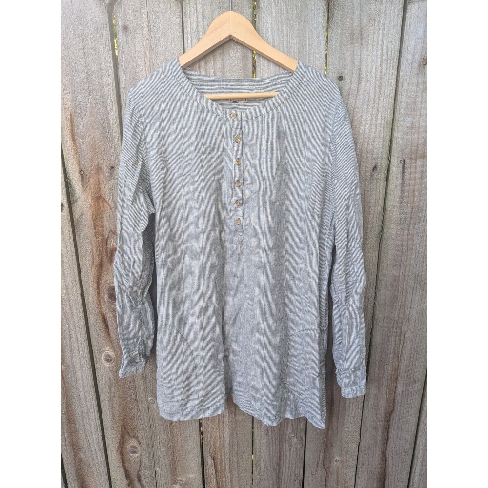 Duluth Trading Co Hemp Blend Cotton Pinstripe Tunic 2XL Pockets Roll Tab Sleeves